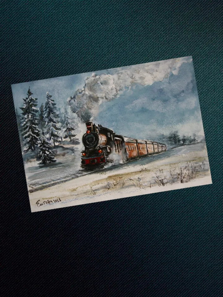 Among the snow. Original watecolor painting winter landscape with a steam locomotive 24x35 cm (9,5 х 13,8 inches)