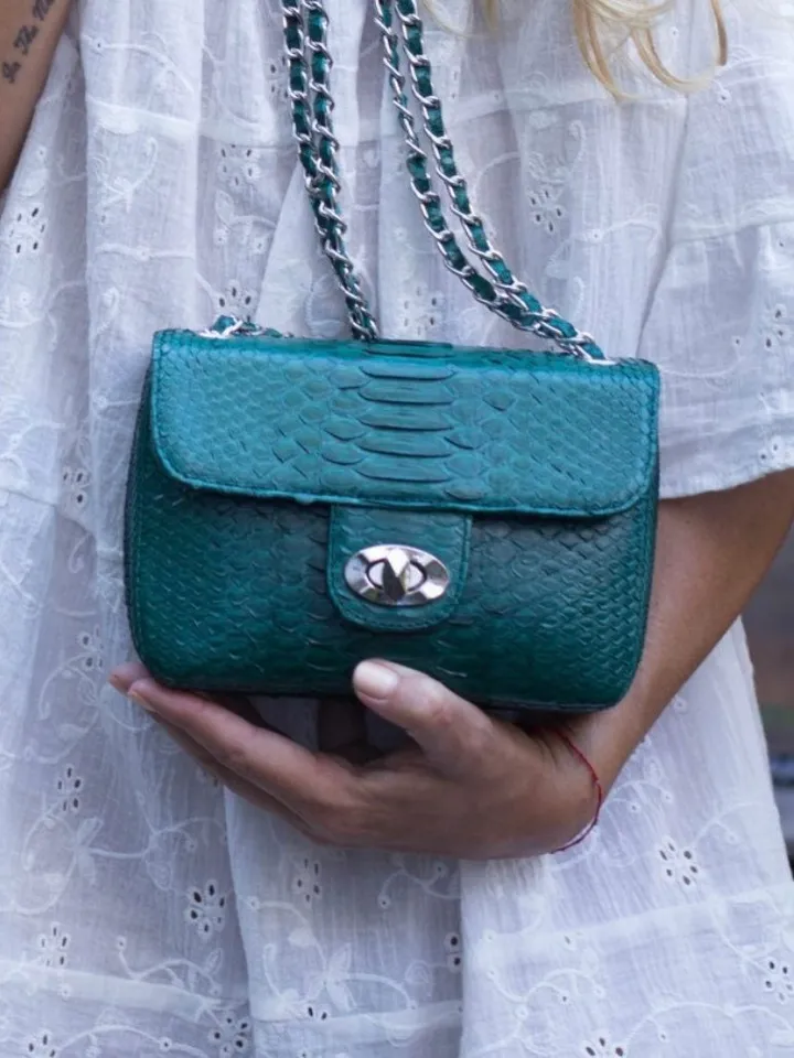Genuine Python Skin Dark green Crossbody Bag  | Adjustable Chain Classy Elegant snake Small Lady Summer Purse | Designer leather bags