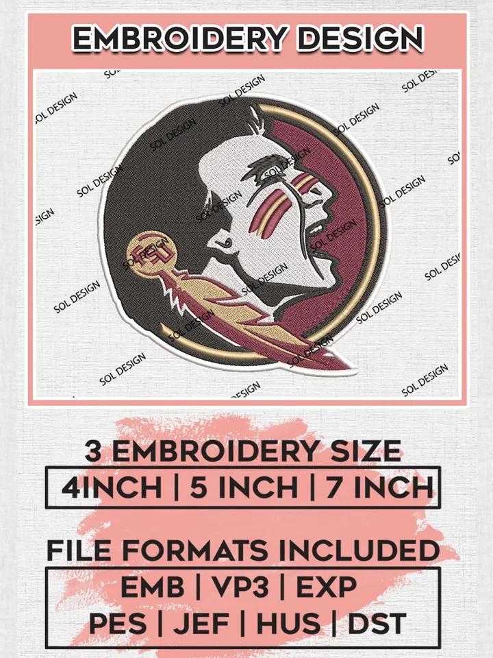 Florida State Seminoles Logo Machine Embroidery Design, NCAA Florida State Seminoles Embroidery Design Design files, NCAA Embroidery Designs, NCAA Machine Embroidery Designs, Digital Download