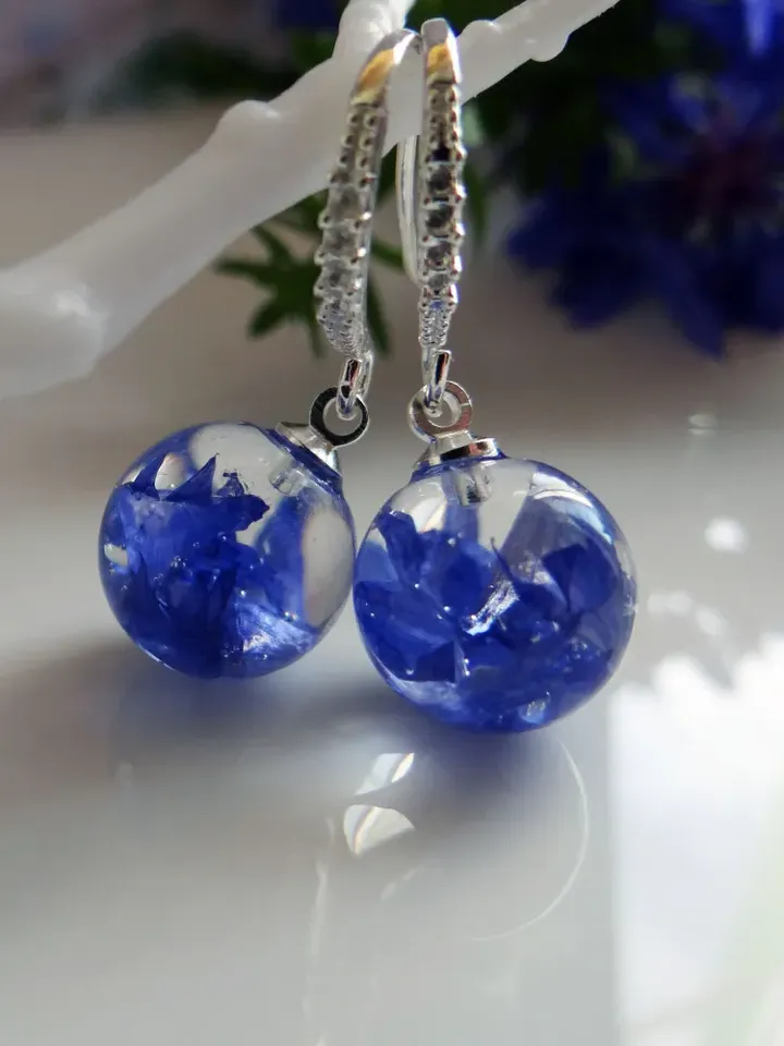 Earrings with cornflower flowers (ball pendants)