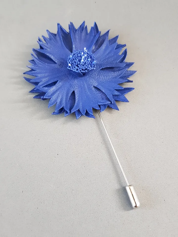 Blue cornflower men's lapel pin Leather boutonniere for him 3rd anniversary gift