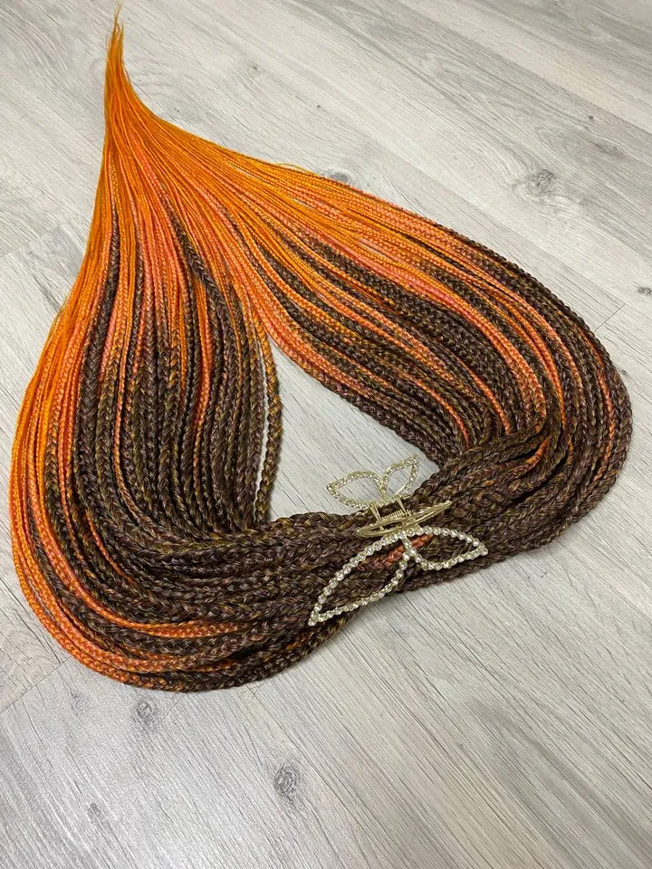 Ombre synthetic Braids brown to orange with loose ends, Double ended synthetic dreadlocks. DE hair extensions.