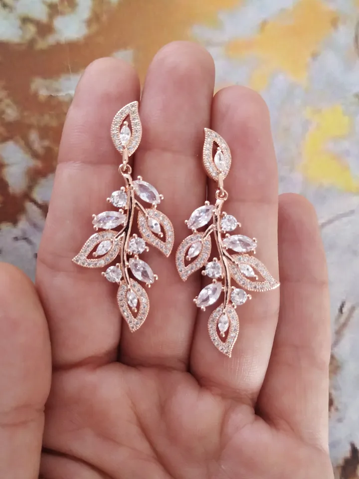 Full Zircon Rose Gold Leaf Wedding Earrings, Art Deco Jewellery Chandelier Statement Earrings, Vintage Style Floral Floral Wedding Jewelry,
