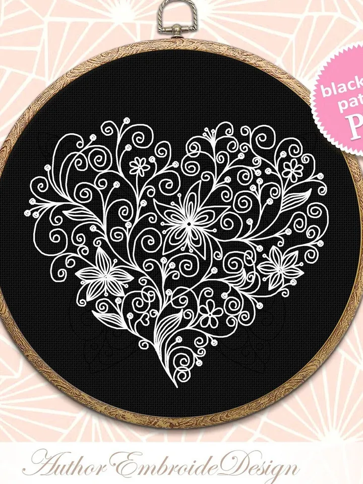 Floral heart blackwork pattern PDF download Flower heart embroidery, Backstitch chart Heart ornament, Floral curls Blackwork embroidery #W25