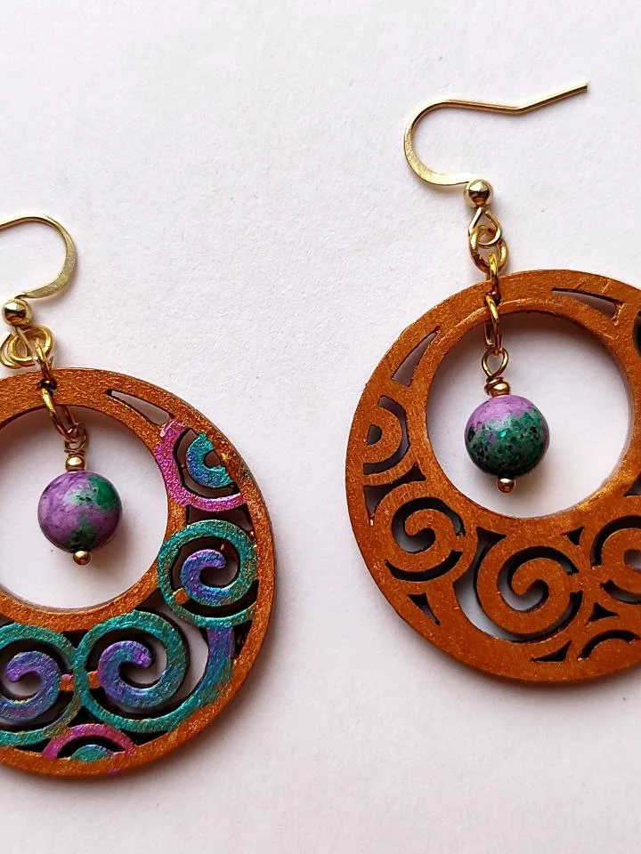 Round lightweight earrings with zoisite ethnic earrings with hand painting
