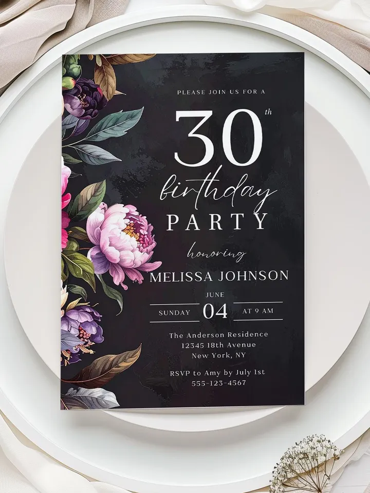 Modern 30th Birthday Canva Template – Moody Burgundy & Blush Peony Floral Invitation, Elegant Dark Background Birthday Party Invite