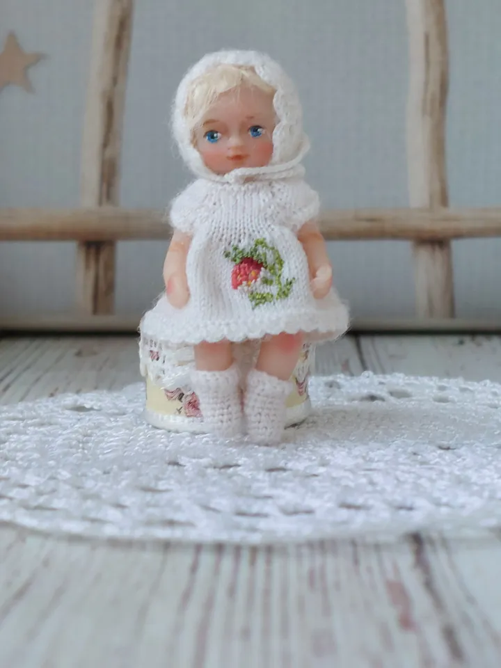 Handmade 2 inch miniature doll with two sets of clothes. Micro doll for dollhouse.
