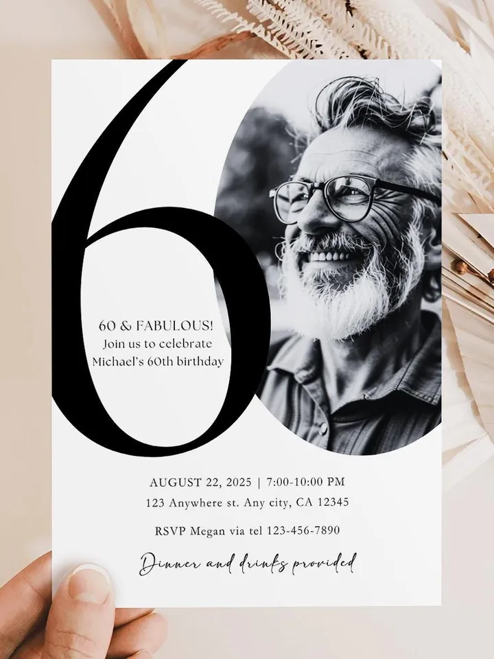 60th Birthday Party Invitation Card, Look Who's 60, Editable 60th Birthday Card Template, Printable Minimalist Birthday Photo Card Canva