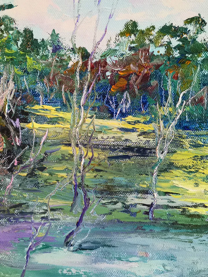 Pond Forest Flowers Oil Painting Landscape Impasto Original Artist Svinar Oksana