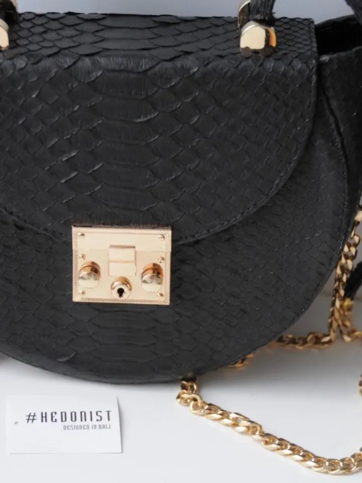 Genuine Python Skin Crosshandle Elegant Black Bag | Exotic Leather Bags | Designer Bags | Handmade Chain Crossbody Handle Women Classy Purse
