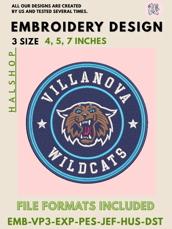 NCAA Villanova Wildcats Round Logo Embroidery, NCAA Villanova Wildcats Logo Embroidery Files, NCAA Teams, Machine Embroidery Designs, Digital Download