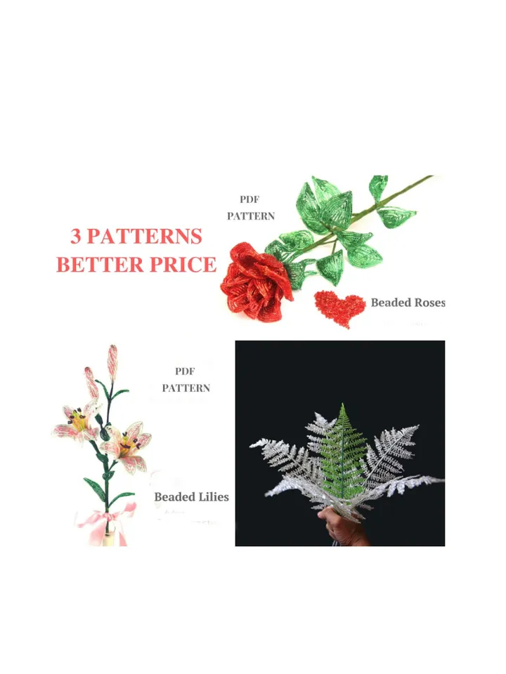 Beaded Rose,  fern and and lilies | French Beaded Flowers pattern | Seed bead patterns | Beading tutorial