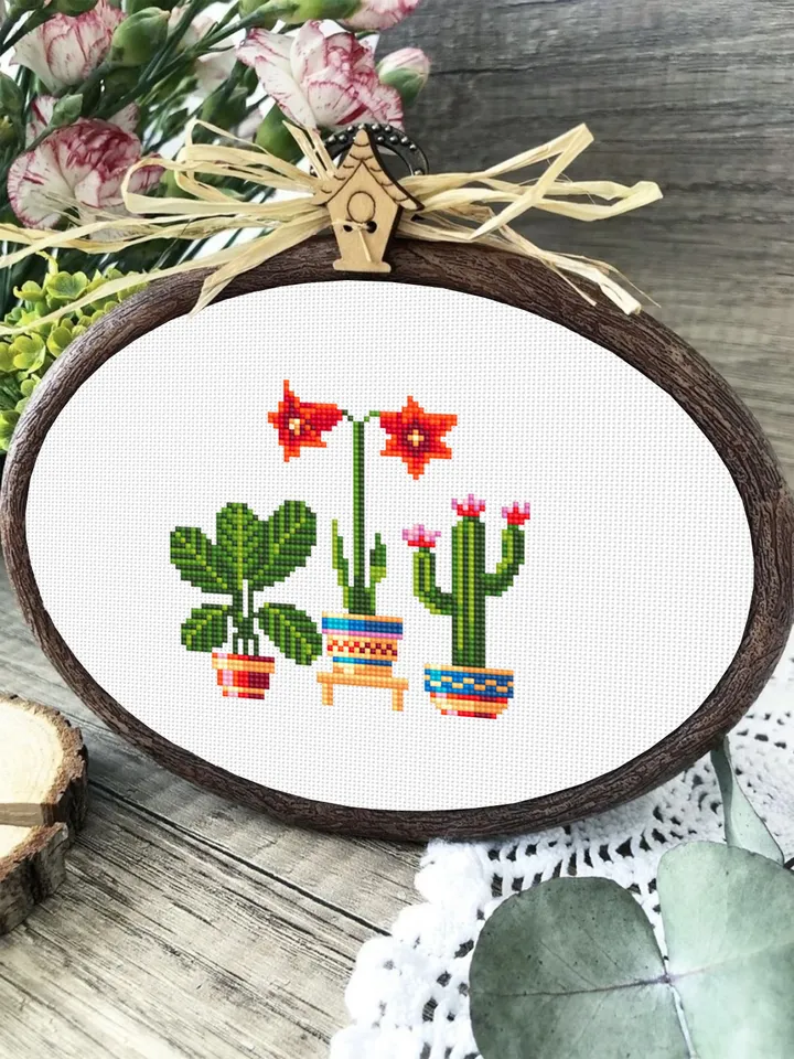 Potted house plants cross stitch pattern PDF download Floral cross stitch chart, Easy small cross stitch sampler, Plant lover gift #P17