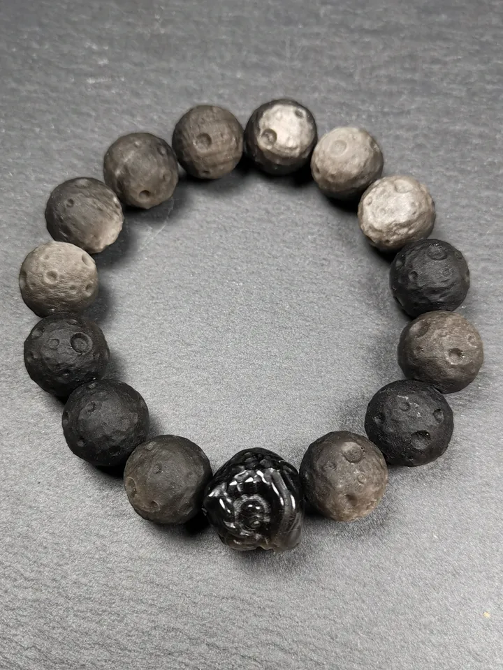 Gandhanra Old Tibetan Obsidian Wrist Mala, 0.6" Gradient Moon Ball Prayer Beads Bracelet,8 inches Circumference