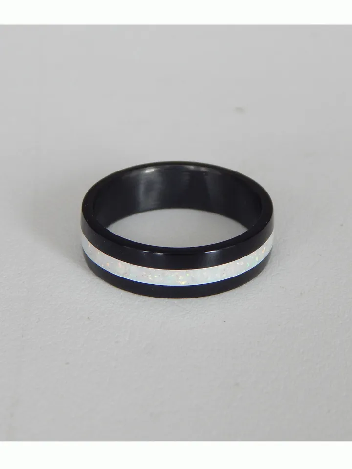 Stylish black ring. Carbon ring with synthetic opal. 8