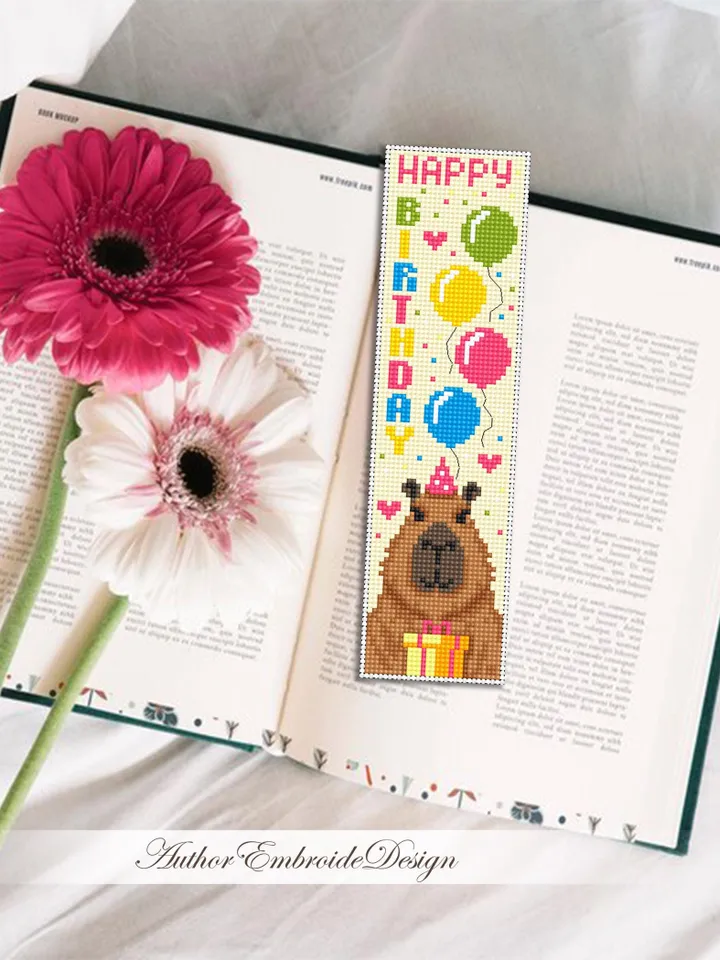 Birthday bookmark cross stitch pattern PDF download Funny capybara cross stitch chart, Bookmark pattern digital PDF, Happy birthday #B461