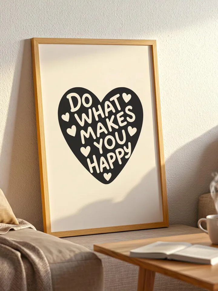 Do What Makes You Happy Black White Heart Print – Minimalist Quote Wall Art, Monochrome Digital Download, Modern Self Love Poster