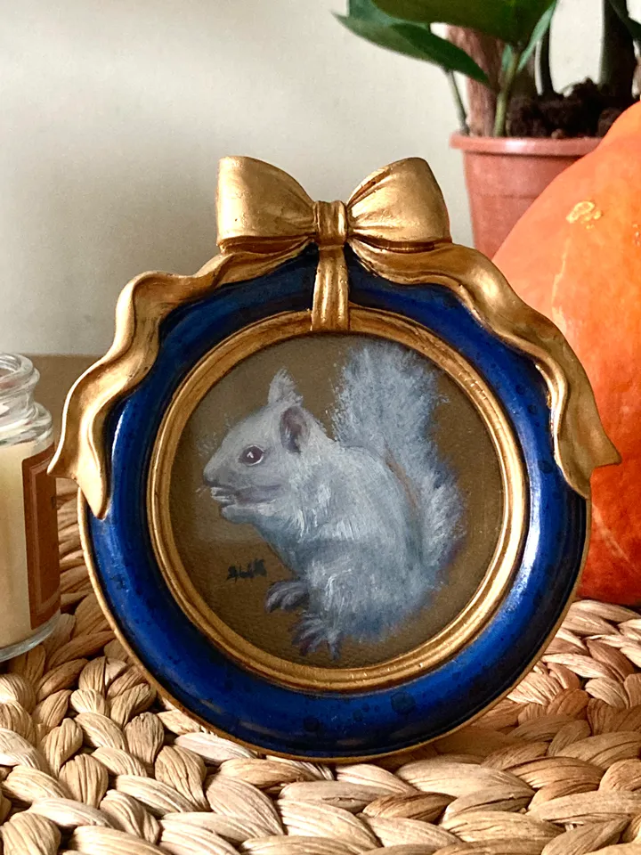 Framed Squirrel Oil Painting Original Albino Bird Art Dark Cottagecore Art Round Frame