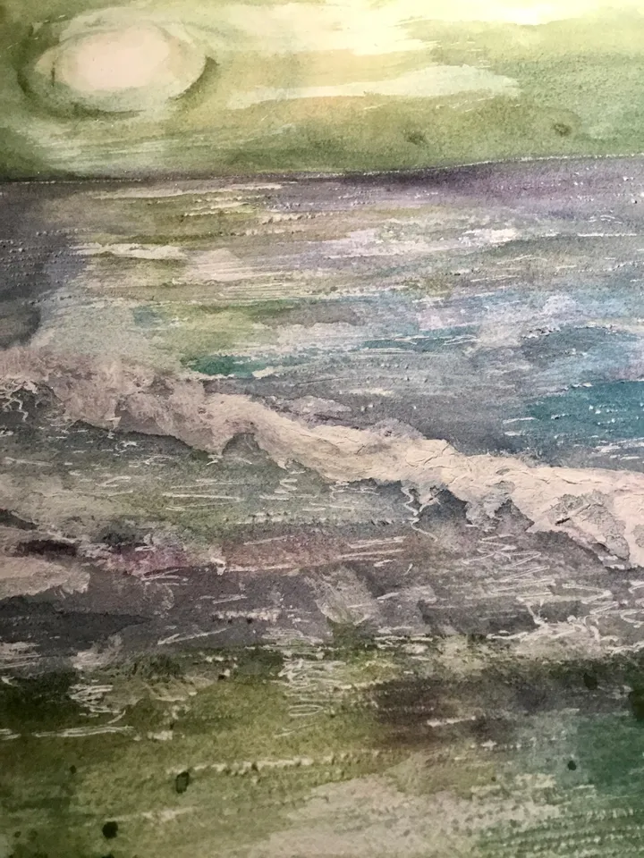 Green and pink sunset original watercolor painting,set of two fantasy wall decoration,landscapes,seascapes painting.
