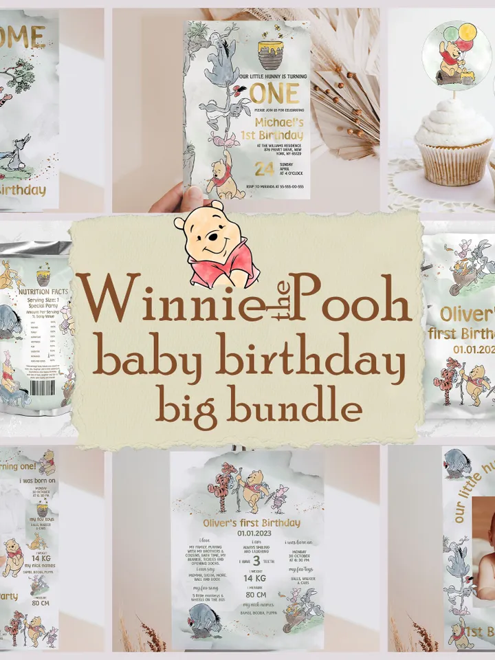 DIY Winnie Pooh Birthday Bundle; Editable 1st Birthday Party Template; Winnie the Pooh Birthday Party; Pooh Birthday Party Decoration; wpg15