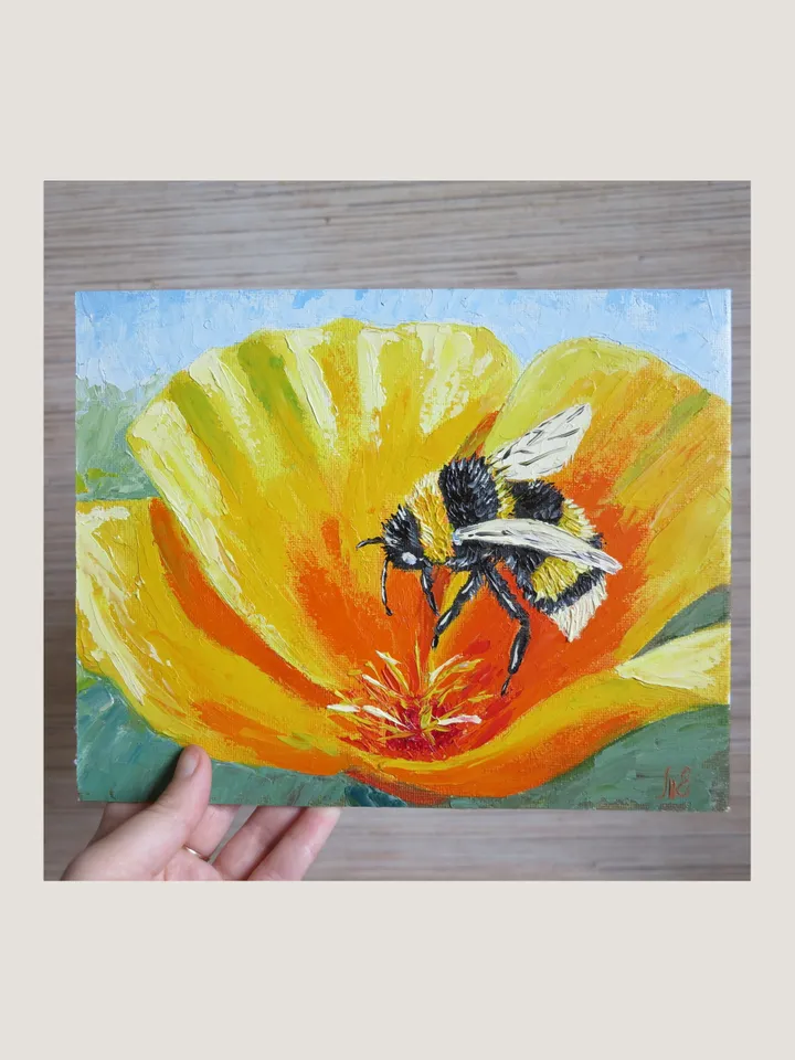 Original Oil Painting Yellow Flower with Bumblebee Palette Knife Art Hand-Painted Mini Artwork