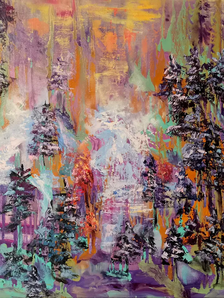 Waterfall Forest Abstract Sunset Impasto Art Large Original Oil Painting Canvas Artist Svinar Oksana