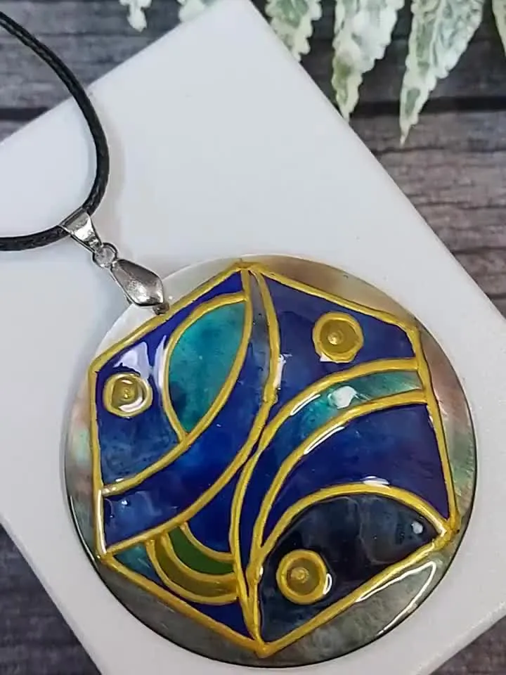 Pearl pendant necklace: Unique abstract necklace for women hand painted on mother of shell, Blue and gold painting on statement jewelry