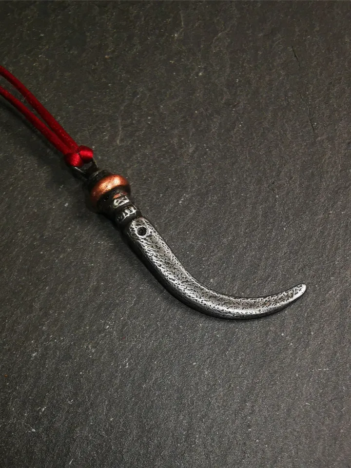 Gandhanra Handmade Tibetan Amulet ,Wolf Tooth Pendant with Leather Cord,Made of Cold Iron inlaid Copper,1.77&quot;