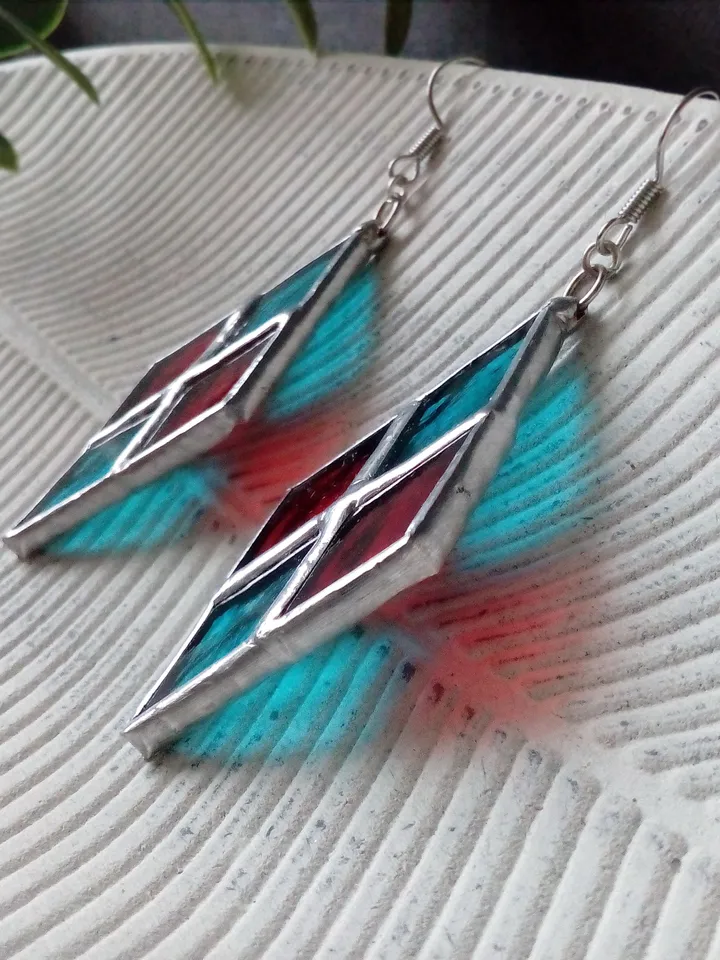 Checkerboard stained glass earrrings - handmade geometric chess plaid earrings