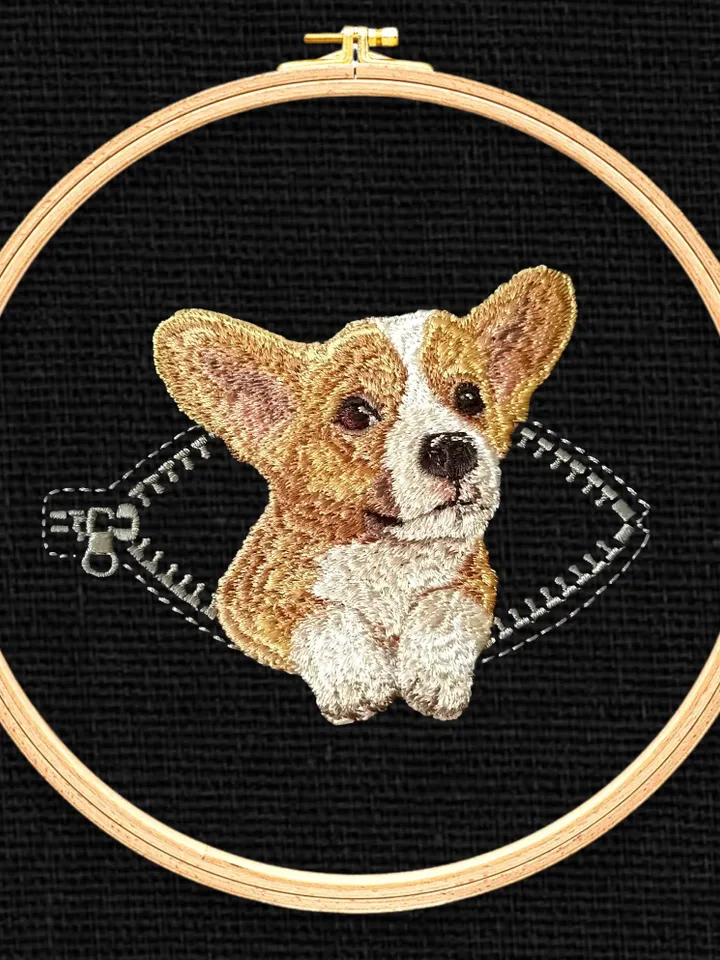 Corgi in a zipper pocket Miniature realistic machine embroidery design Pet design Dog realistic pattern corgi embroidery pattern