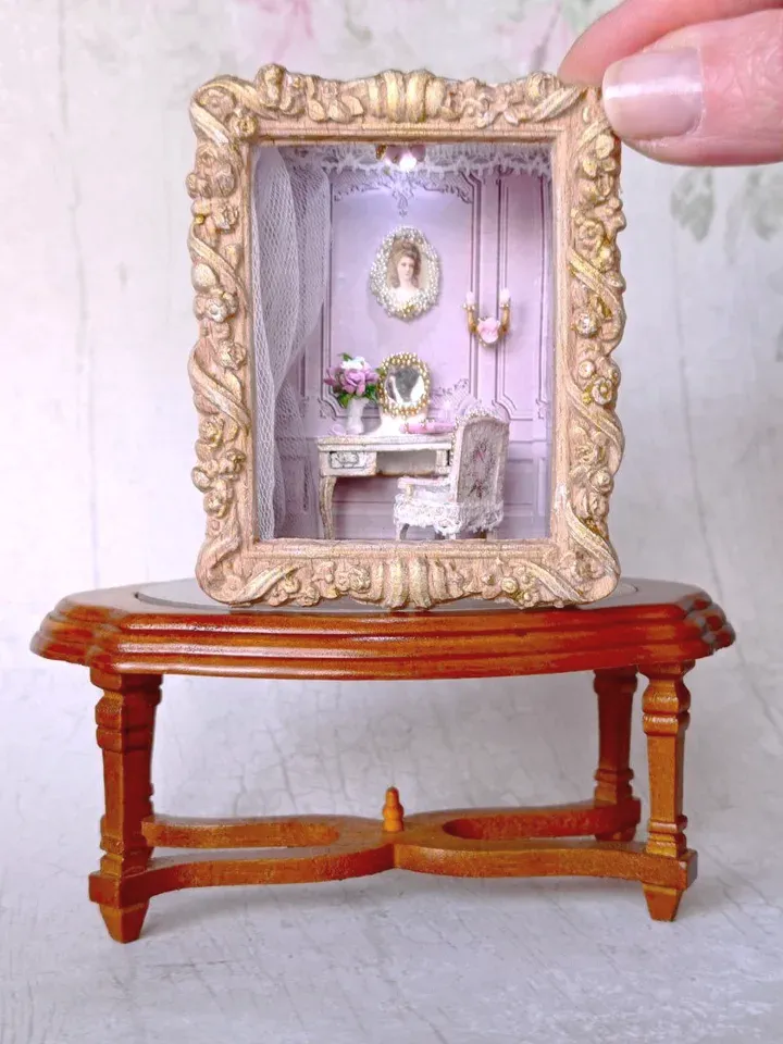 Miniature pink Boudoir, 1/48 scale miniature dollhouse with furniture and accessories