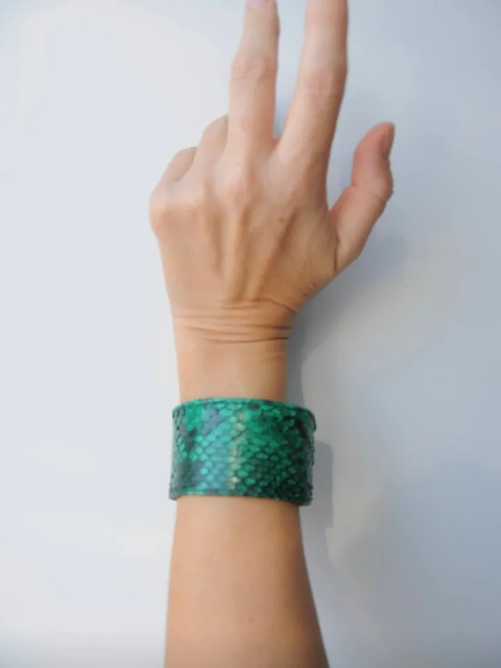 Green Python Skin Bracelet | Flat Woman Buttoned Exotic Leather Bracelet | Wide Leather Bracelet | Women Jewerly | Snake Skin Bracelet