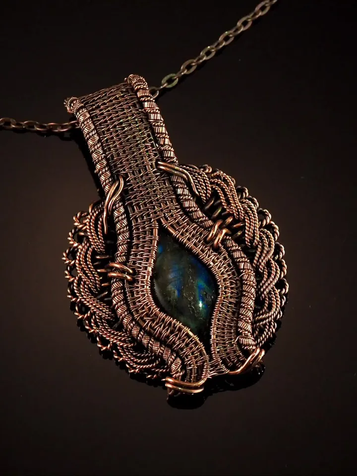 Labradorite pendant for women Wire wrap copper necklace Handmade artisan jewelry