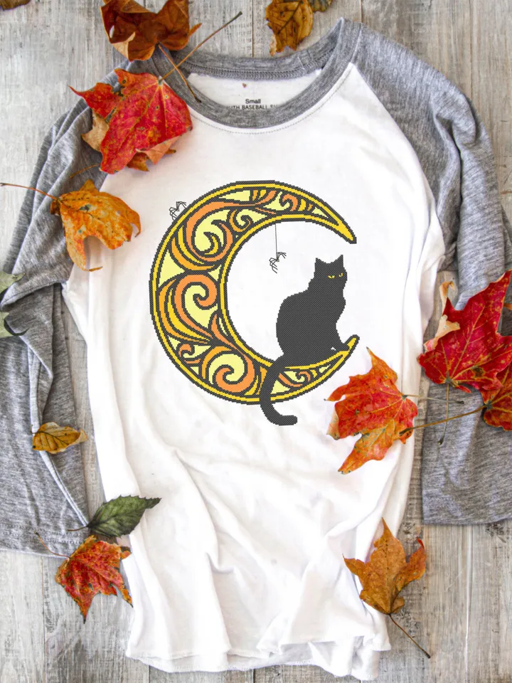 Halloween cat on crescent moon cross stitch pattern PDF download Black cat cross stitch chart, Mandala moon pattern digital PDF #M170