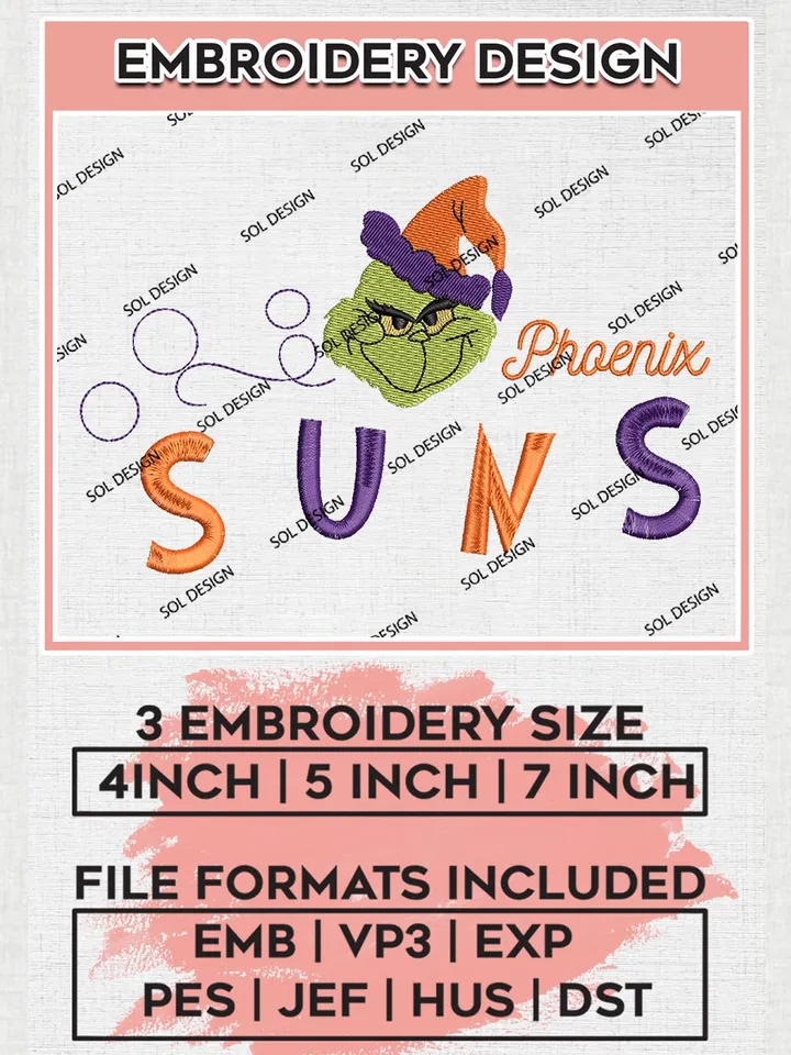 Grinch Phoenix Suns Embroidery Designs, Grinch Christmas Embroidery Files, NBA Phoenix Suns Machine Embroidery Designs, NBA Suns Logo, NBA Christmas Machine Embroidery Design, Digital Download