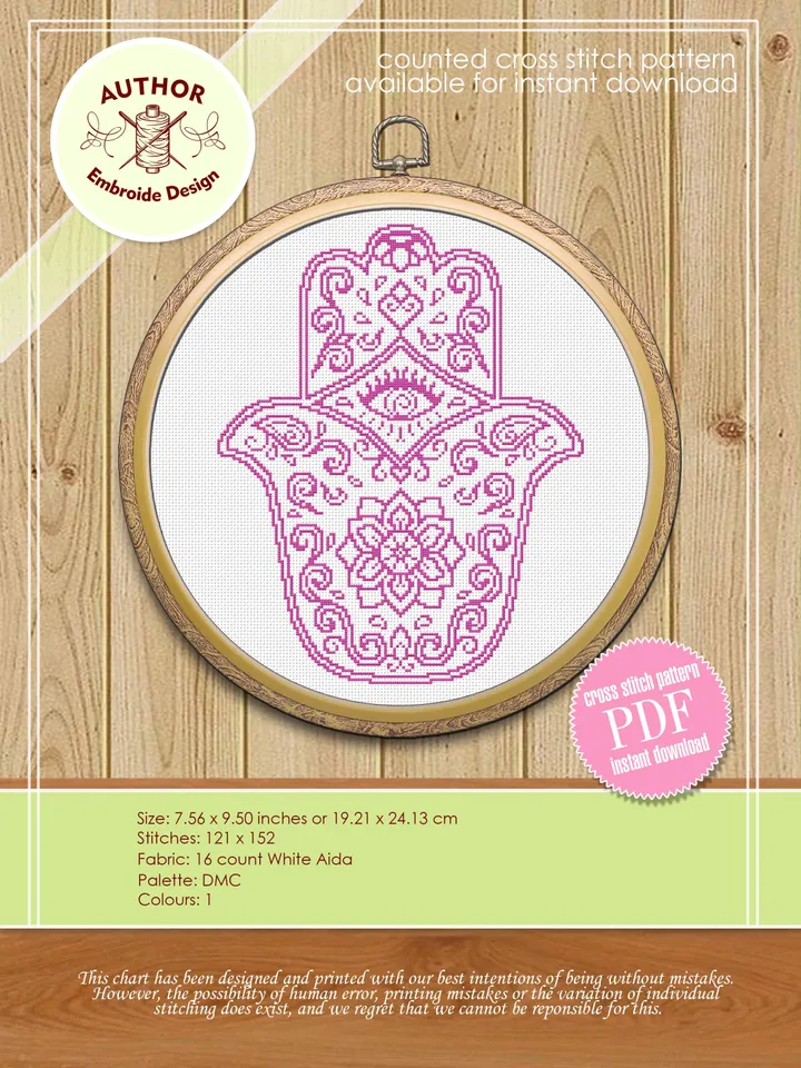 Hamsa hand cross stitch pattern download PDF, Easy mandala pattern PDF, Hand of Fatima cross stitch, Evil eye hamsa beginner stitch #M18