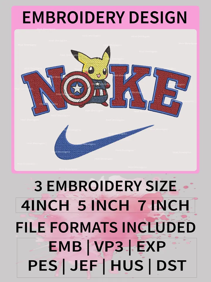 Nike Pikachu Captain America Embroidery Designs – Superhero x Pokémon Machine Embroidery Files ⚡🛡️✔️