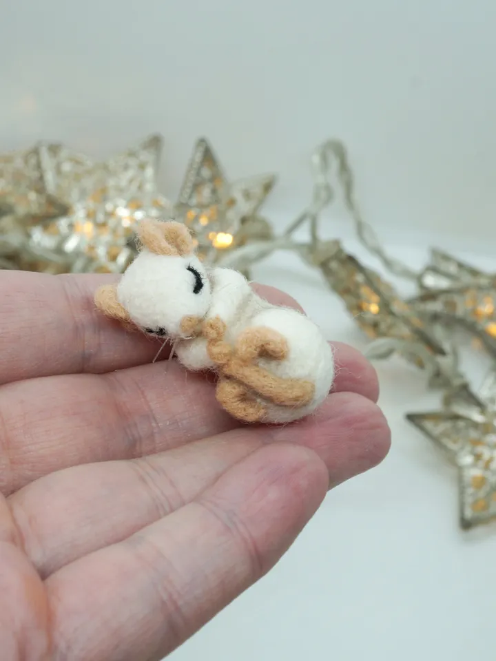 Miniature needle felted mouse sleeping in a pink flower, baby mouse, white mouse, made to order