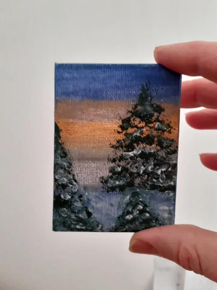Oil Painting Winter Forest Pine Trees in the Snow Forest Landscape Miniature Stretched Canvas 3.5 x 2.5 inches On a wooden stand \set\ Collectible art Gift for the occasion Decor of walls and other surfaces
