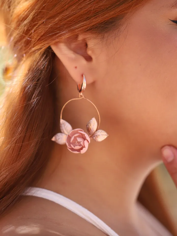 Delicate Porcelain Flowers Blush Rose Gold Hoop Wedding Earrings, Boho Bridal Earrings, Leaf Bohemian Earrings, Statement Earrings, Jewelry