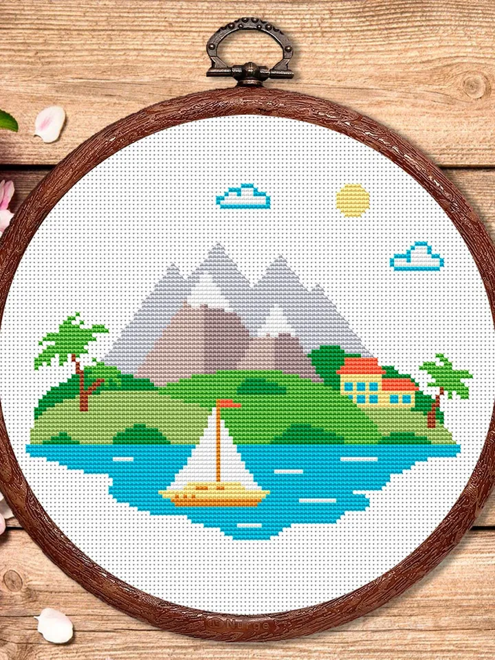 Mountain Landscape Cross Stitch Pattern, Island Cross Stitch, Embroidery Travel, Travel Cross Stitch Pattern, Modern Cross Stitch #trl007