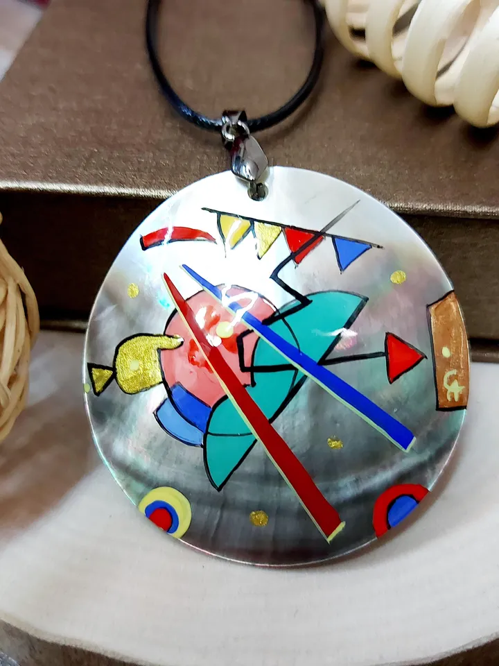 Pendant Kandinsky 2 Mother-of-pearl Hand-painted Russian jewelry magic of painting fine art jewelry Art gift Fedoskino Collectible