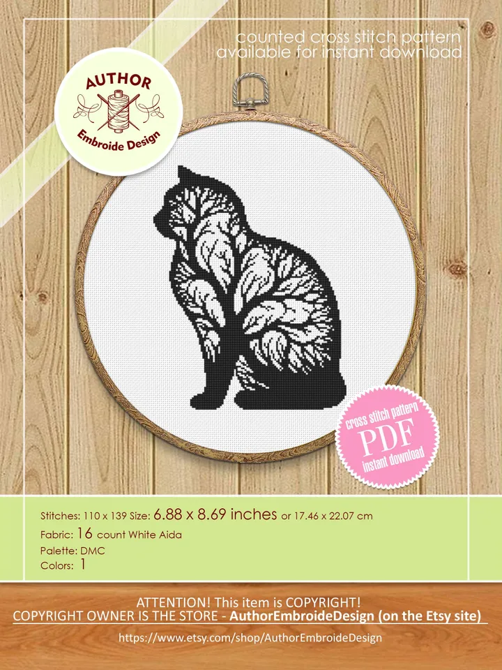 Cat tree silhouette cross stitch pattern PDF download Cat cross stitch chart, Simple pattern digital PDF for beginner, Tree of life cat #K55