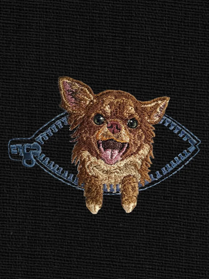 Chihuahua in a zipper pocket Miniature realistic machine embroidery design Pet design Dog realistic pattern Chihuahua embroidery pattern