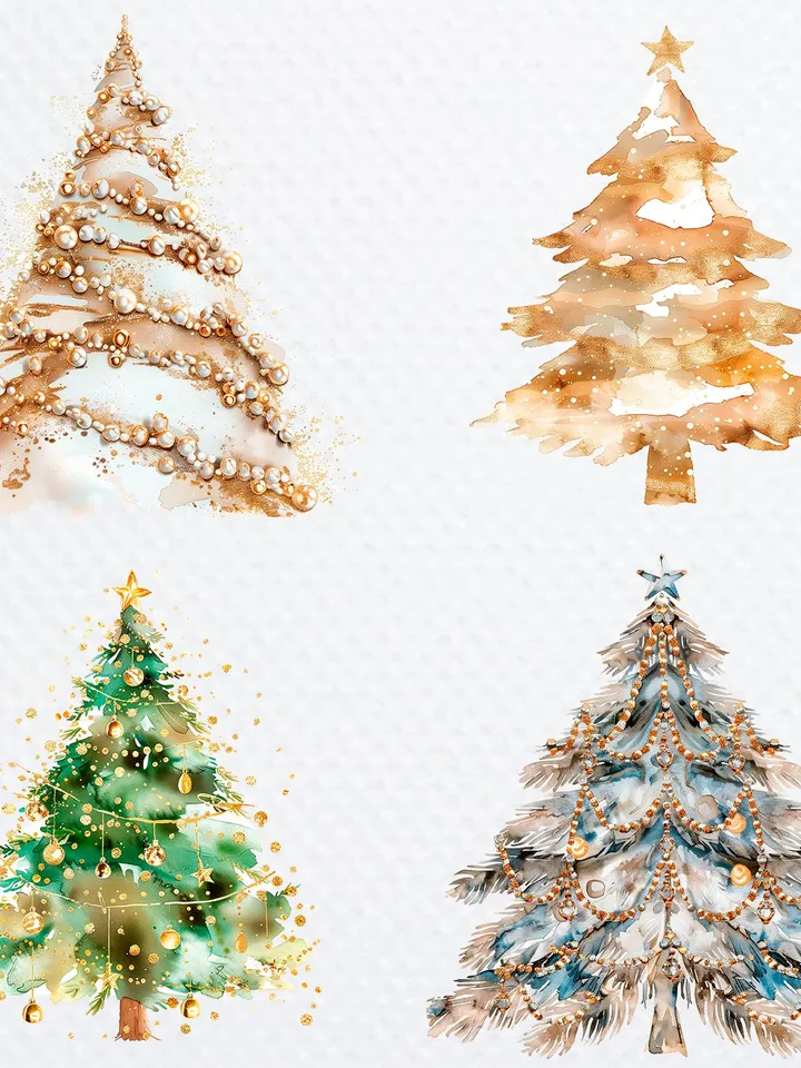 12 Golden Christmas Tree PNG Bundle, Christmas Card, Printable Watercolor clipart for sublimation, Digital download, Winter Paper craft