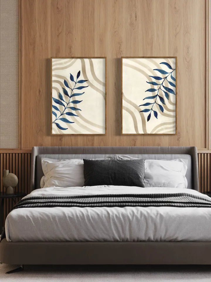 Indigo Beige Floral Minimalist Watercolor Wall Art, Set Of 2, Abstract Art Print, Blue Home Decor,