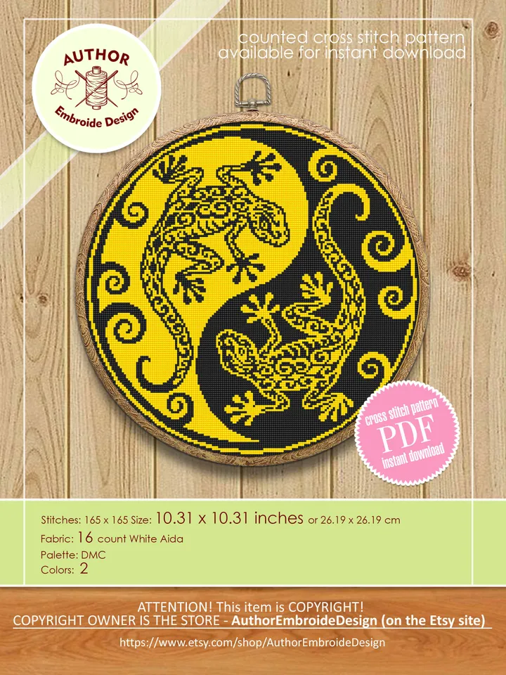 Lizard Yin Yang cross stitch pattern download PDF Salamander mandala digital PDF, Ying Yang cross stitch chart, Yin yang decor, Gecko #M217