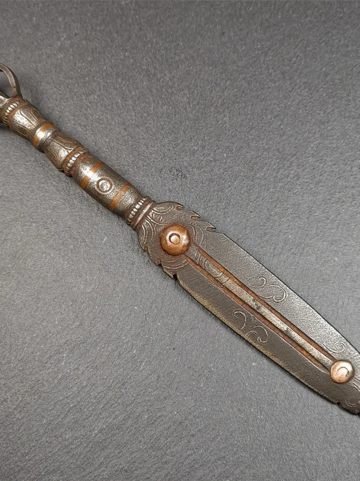 Gandhanra Tibetan Buddhism Ritual Implement,Fire Vajra Sword of Wisdom Buddha Manjushri,Made of Cold Iron inlaid Copper,7.5" Length