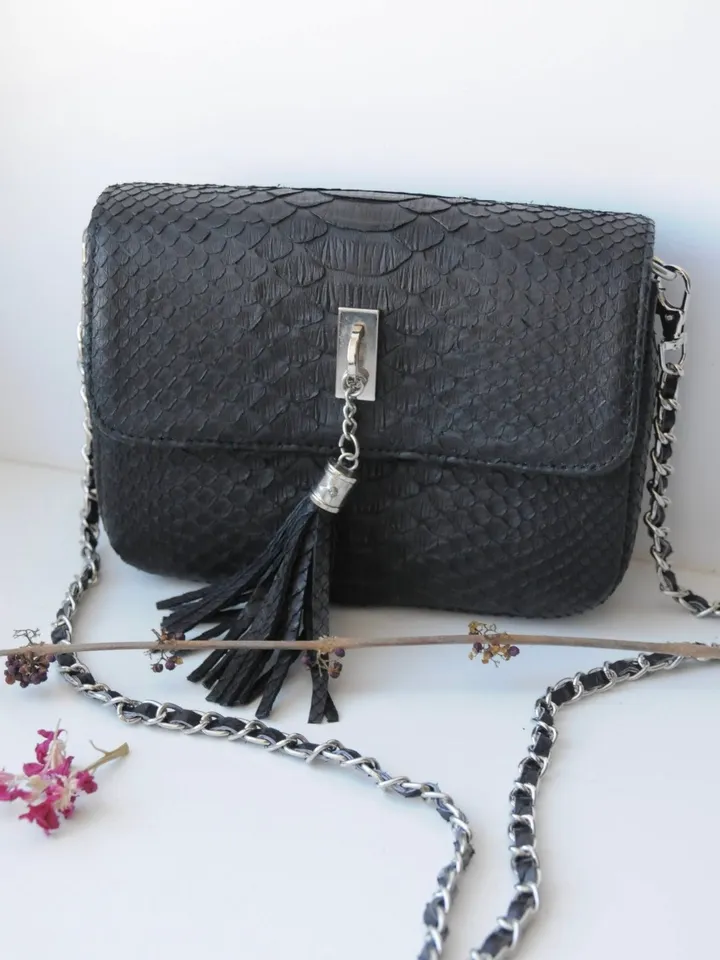 Genuine python skin crosdbody chain black tassel, elegant small classy bag crossbody genuine leather bag, everyday elegant small bag small