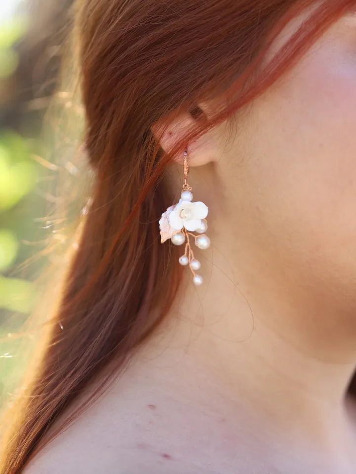Delicate Porcelain Flower Wedding Earrings, Blush Rose Gold Floral Bridal Earrings, Leaf Wedding Earrings, Pearl Statement Wedding Jewelry